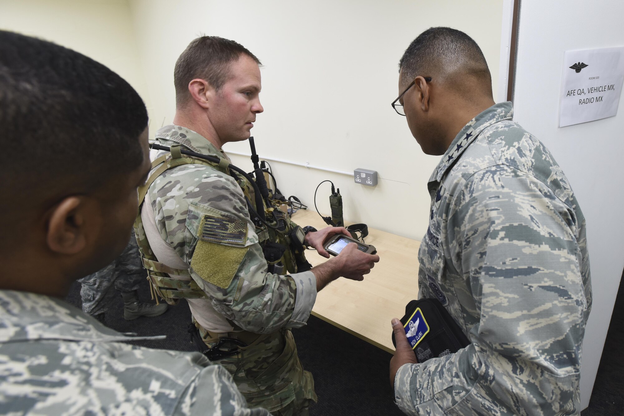 U.S. Air Force Lt. Gen. Richard Clark, 3rd Air Force commander, learns about the capabilities of the 57th Rescue Squadron during an immersion tour at Royal Air Force Lakenheath, England, Jan. 6. The 57th RQS was one of several organizations he visited before an all-call with Liberty Wing Airmen. (U.S. Air Force photo/Airman 1st Class Eli Chevalier) 