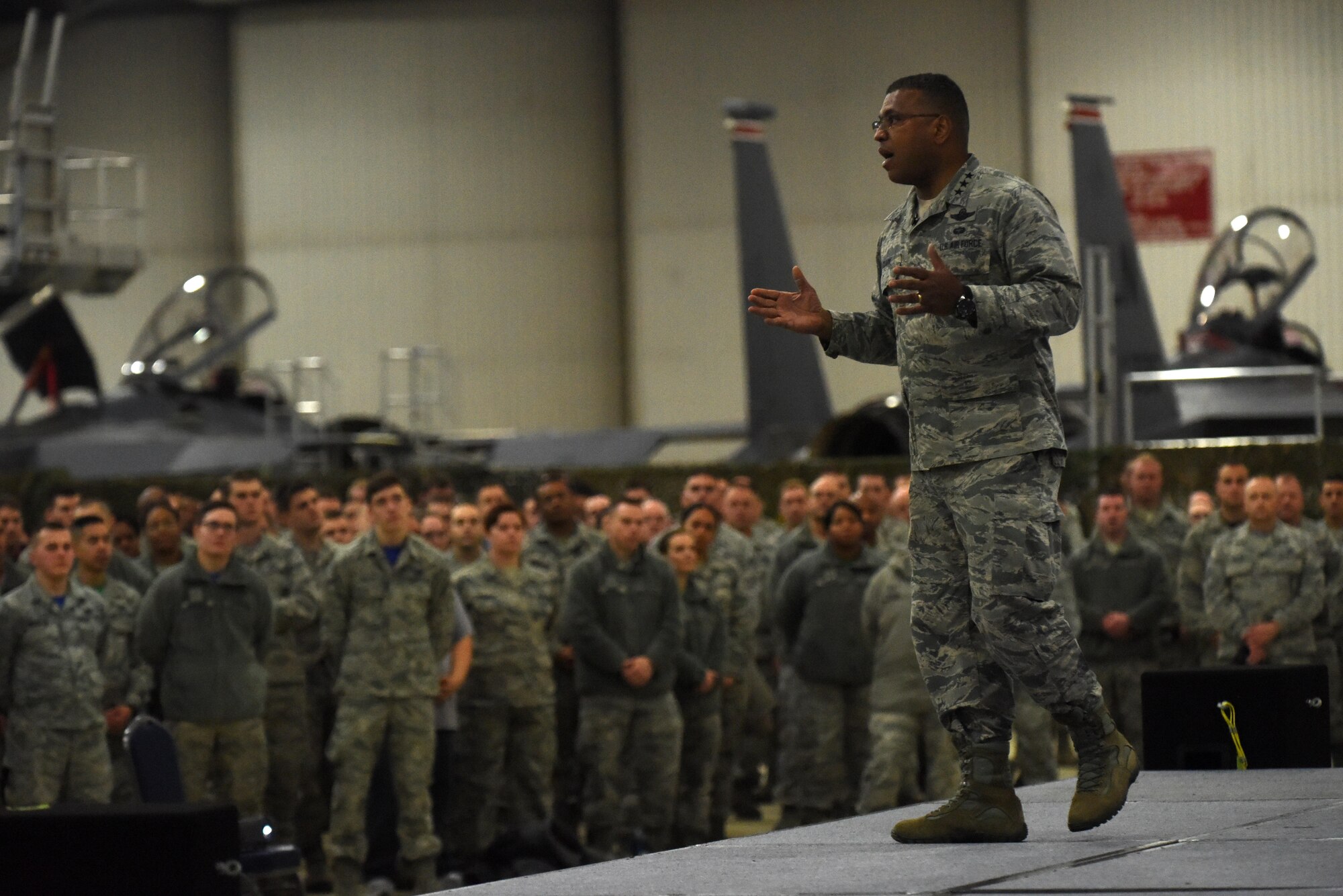 U.S. Air Force Lt. Gen. Richard Clark, 3rd Air Force commander, addresses Airmen during an all-call at Royal Air Force Lakenheath, England, Jan. 6. Clark, who assumed command Oct. 21, 2016, has been visiting air bases in Europe to gain familiarization of capabilities and missions. (U.S. Air Force photo/Airman 1st Class Eli Chevalier) 