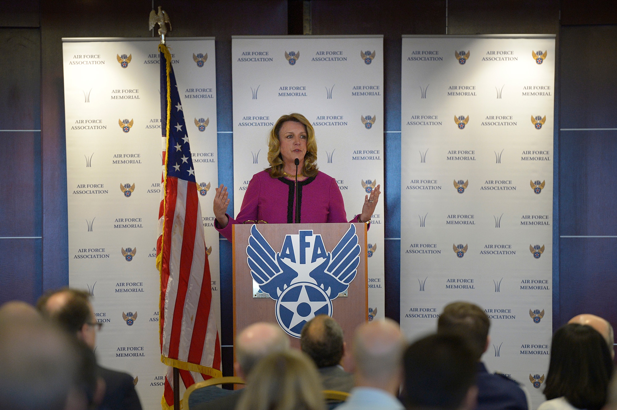 Air Force Secretary Deborah Lee James speaks to attendees at the Air Force Association's Breakfast Series in Arlington, Va., Jan. 6, 2017. The Air Force Association's Breakfast Series brings together industry partners, the international attaché corps and both military and civilian leadership for informative briefings on a monthly basis for updates on relevant current initiatives. (U.S. Air Force photo/Tech. Sgt. Joshua L. DeMotts)