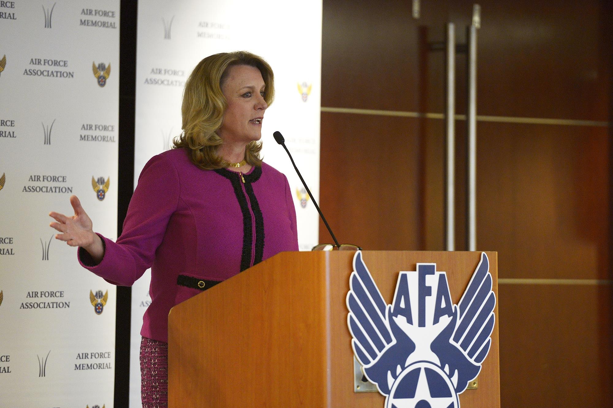 Air Force Secretary Deborah Lee James speaks to attendees at the Air Force Association's Breakfast Series in Arlington, Va., Jan. 6, 2017. The Air Force Association's Breakfast Series brings together industry partners, the international attaché corps, and both military and civilian leadership for informative briefings on a monthly basis for updates on relevant current initiatives. (U.S. Air Force photo/Tech. Sgt. Joshua L. DeMotts)