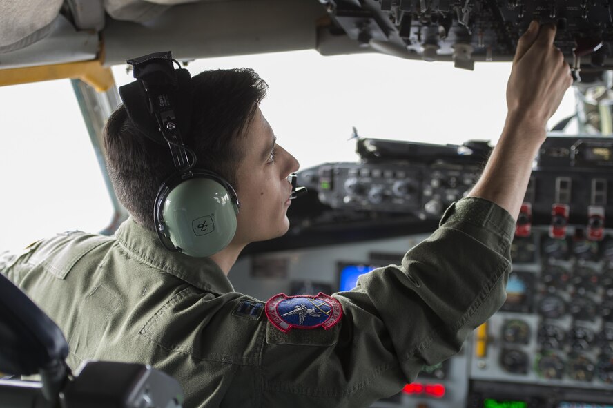 U.S. Air Force Capt. Leo Ricciotti, 93rd Air Refueling Squadron KC-135 Stratotanker pilot, prepares to take off for collaborative refueling training at Shaw Air Force Base, S.C., Dec. 21, 2016. Ricciotti and his team traveled from Fairchild Air Force Base, Wash., to participate in the training, which allowed 20th Fighter Wing F-16CM Fighting Falcon pilots to practice refueling skills under various conditions. (U.S. Air Force photo by Senior Airman Zade Vadnais)