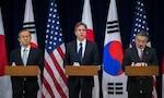 An official photo by Deputy Secretary of State on Joint Press Availability with Japanese Vice FM and ROK First Vice FM. 