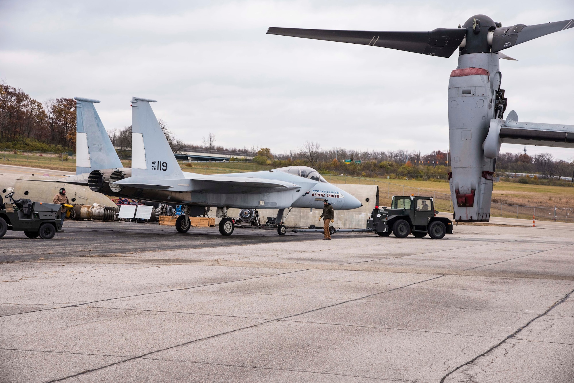DAYTON, Ohio -- The McDonnell Douglas F-15 Streak Eagle being towed from storage to a restoration building in Nov. 2016.This aircraft can be viewed on the Behind the Scenes Tours. (U.S. Air Force photo by Ken LaRock)
