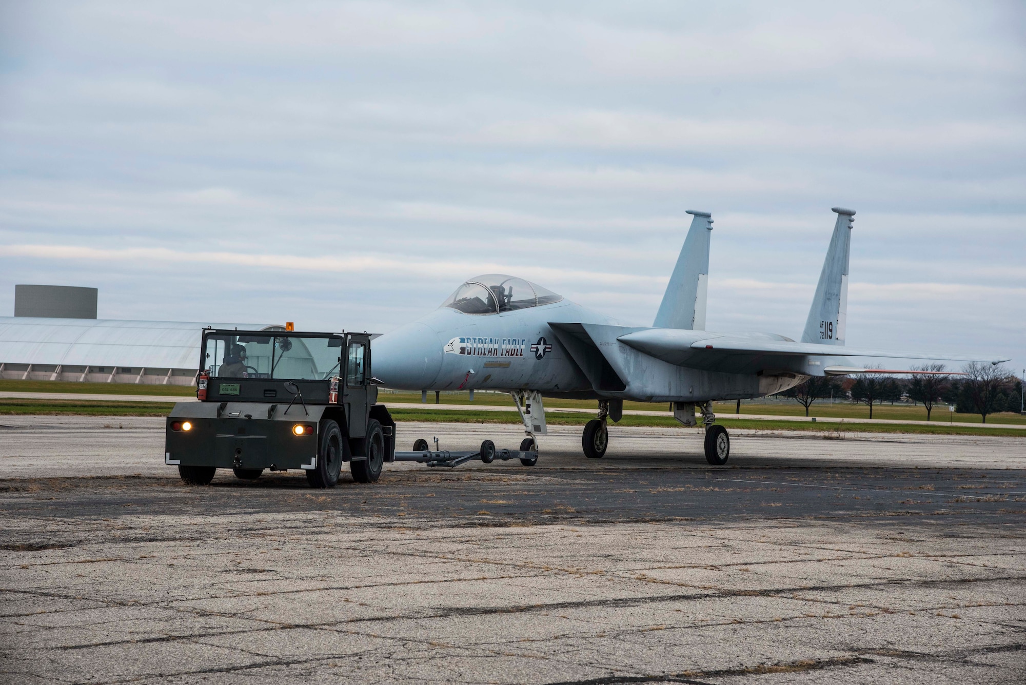 DAYTON, Ohio -- The McDonnell Douglas F-15 Streak Eagle being towed from storage to a restoration building in Nov. 2016.This aircraft can be viewed on the Behind the Scenes Tours. (U.S. Air Force photo by Ken LaRock)
