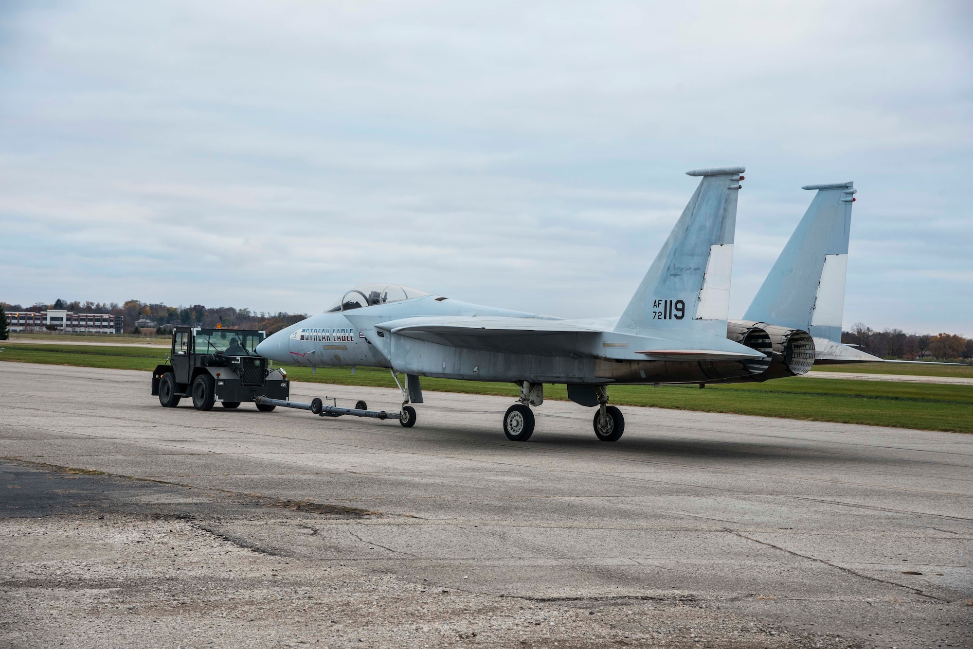 DAYTON, Ohio -- The McDonnell Douglas F-15 Streak Eagle being towed from storage to a restoration building in Nov. 2016.This aircraft can be viewed on the Behind the Scenes Tours. (U.S. Air Force photo by Ken LaRock)
