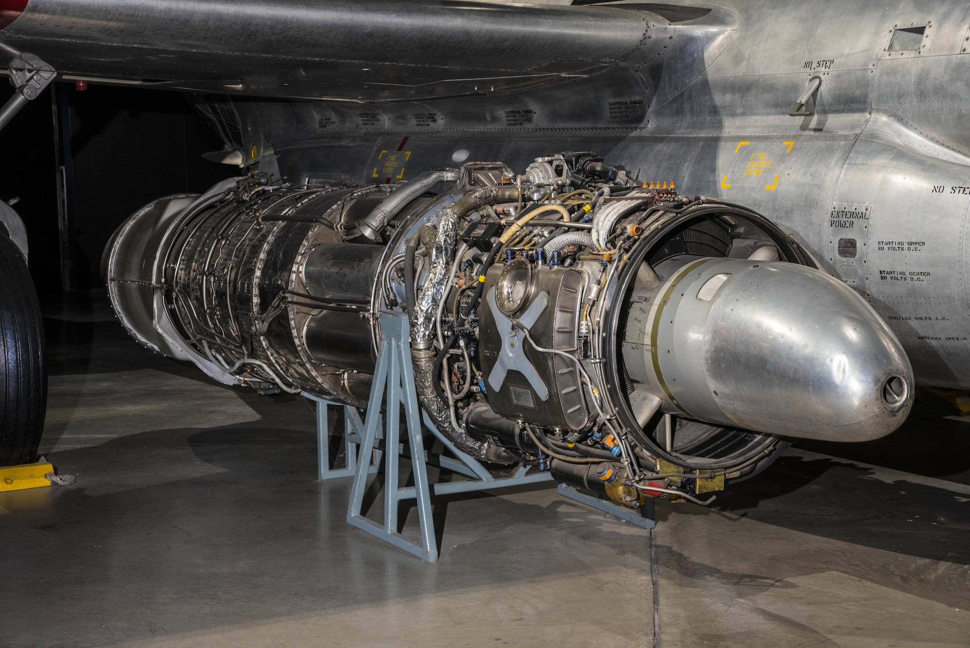 DAYTON, Ohio - The Allison J35-A-35A Turbojet engine on display beneath the F-89J in the Cold War Gallery at the National Museum of the U.S. Air Force. (U.S. Air Force photo by Ken LaRock)

