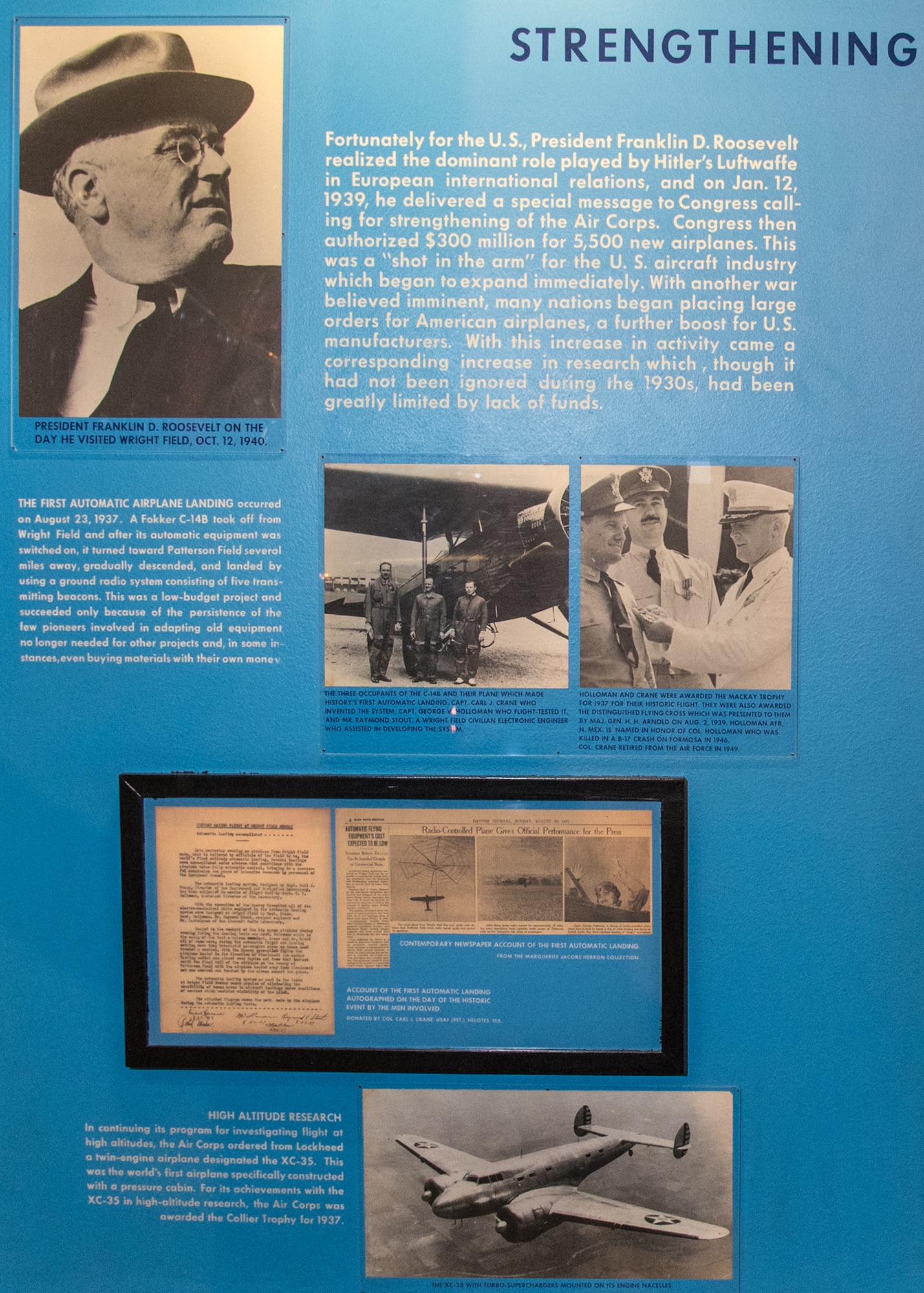 DAYTON, Ohio -- Strengthening the Air Corps exhibit in the Early Years Gallery at the National Museum of the United States Air Force. (U.S. Air Force photo)
