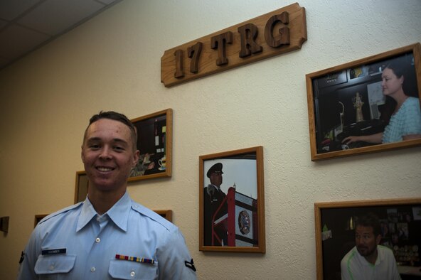 U.S. Air Force Airman Jordan Coomber, 312th Training Squadron student, smiles for a portrait at Brandenburg Hall on Goodfellow Air Force Base, Texas, Jan. 6, 2017. Coomber is the Goodfellow Student of the Month spotlight for December 2016, a series highlighting Goodfellow students. (U.S. Air Force photo by Senior Airman Scott Jackson/Released)