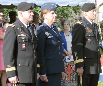 (From left) Outgoing U.S. Army North commanding general Lt. Gen. Perry L. Wiggins; Gen. Lori J. Robinson, commander, North American Aerospace Defense Command and U.S. Northern Command and incoming ARNORTH commanding general Lt. Gen. Jeffrey S. Buchanan are welcomed at the start of the change of command ceremony in front of military members, friends, family and distinguished members of the community at the Fort Sam Houston Quadrangle Friday.