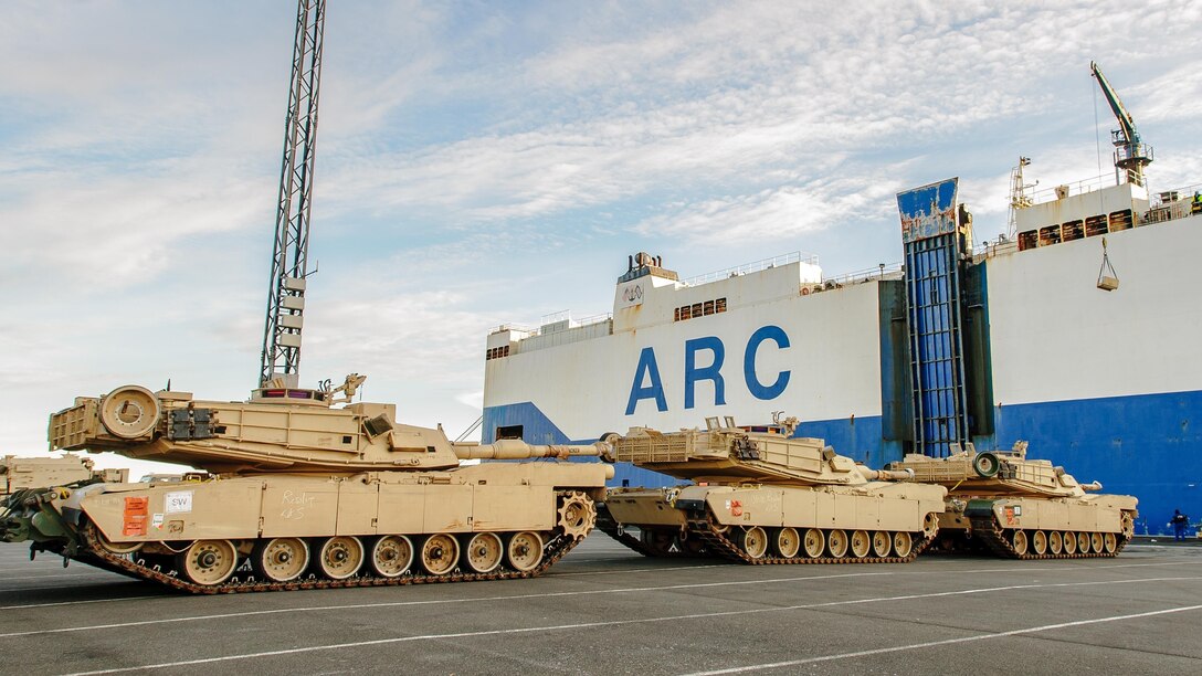 M1A2 Abrams tanks and other military vehicles belonging to the 3rd Brigade Combat Team, 4th Infantry Division disembark from the ship ARC Resolve at the port in Bremerhaven, Germany, Jan. 6, 2017. The team’s arrival marks the start of back-to-back rotations of armored brigades in Europe as part of Operation Atlantic Resolve. Army photo by Staff Sgt. Micah VanDyke