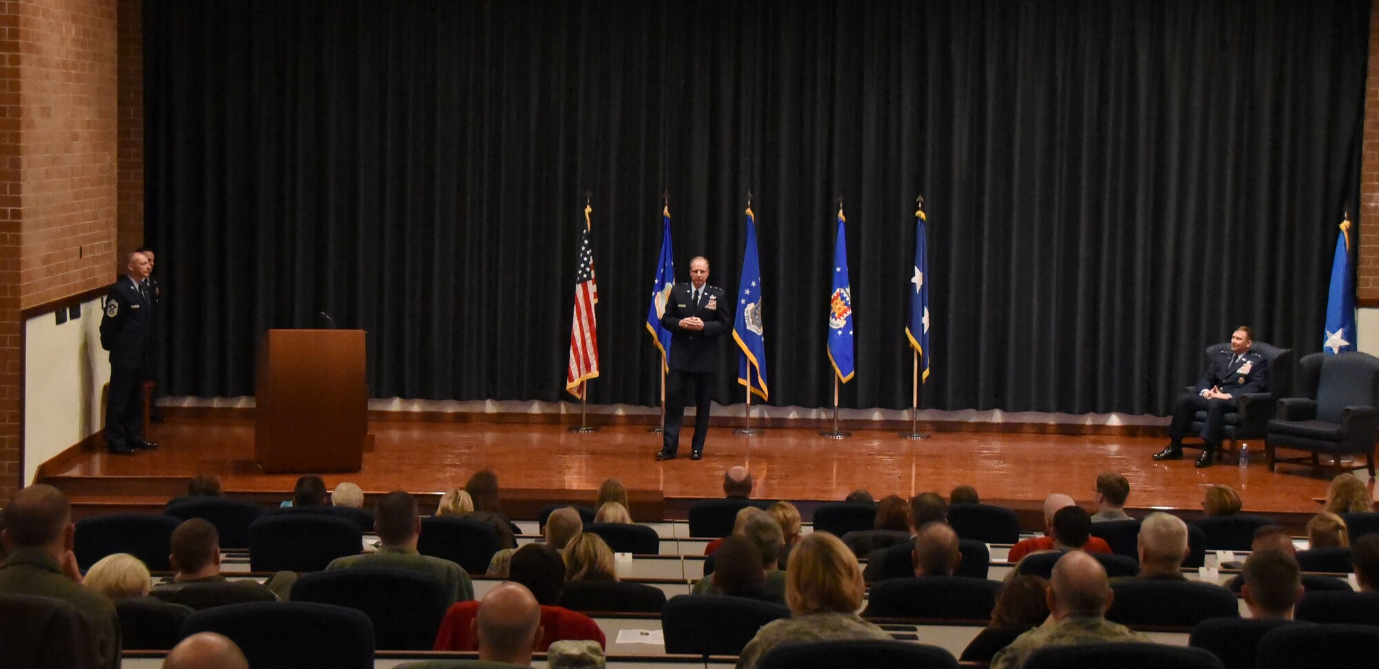 Maj. Gen. James P. Scanlan, the Mobilization Assistant to the Commander, U.S. Air Force Expeditionary Center, addresses the audience during his promotion ceremony, Jan. 6, 2017, at the U.S. Air Force Expeditionary Center. During Scanlan’s time away from the Air Force Reserve, he is a pilot for American Airlines where he has worked for 17 years. (U.S. Air Force photo by Tech. Sgt. Jamie Powell) 