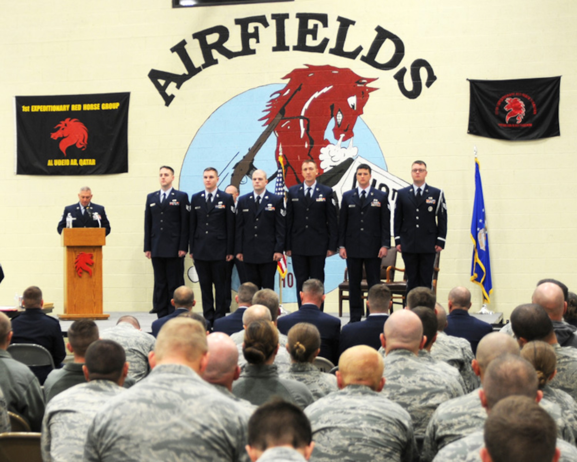 The 219th Rapid Engineering, Deployable, Heavy Operational Repair Squadron Engineer, or RED HORSE Squadron, inducted six noncommissioned officers at the structures building on Malmstrom Air Force base Dec. 4, 2016. The 219th also promoted seven senior NCO’s during the same ceremony. (U.S. Air National Guard photo/Staff Sgt. Lindsey Soulsby)