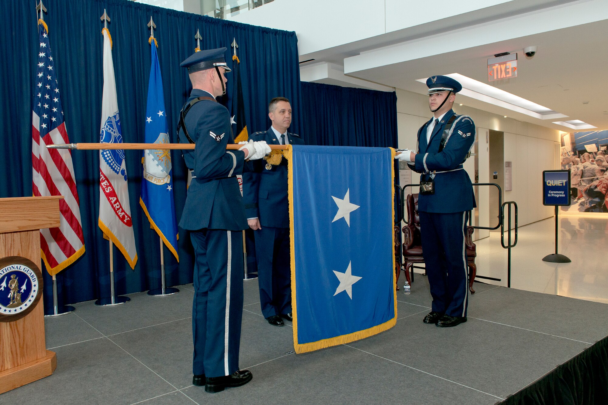 The Joint Base Andrews Honor Guard unfurls colors for Air National Guard Readiness Center Commander Maj. Gen. Michael R. Taheri, during his promotion ceremony January 2, 2017, at Joint Base Andrews, Maryland. Taheri, who has commanded the Readiness Center for the past 18 months, was promoted to the rank of major general. (U.S. Air National Guard photo by Staff Sgt. John E. Hillier)
