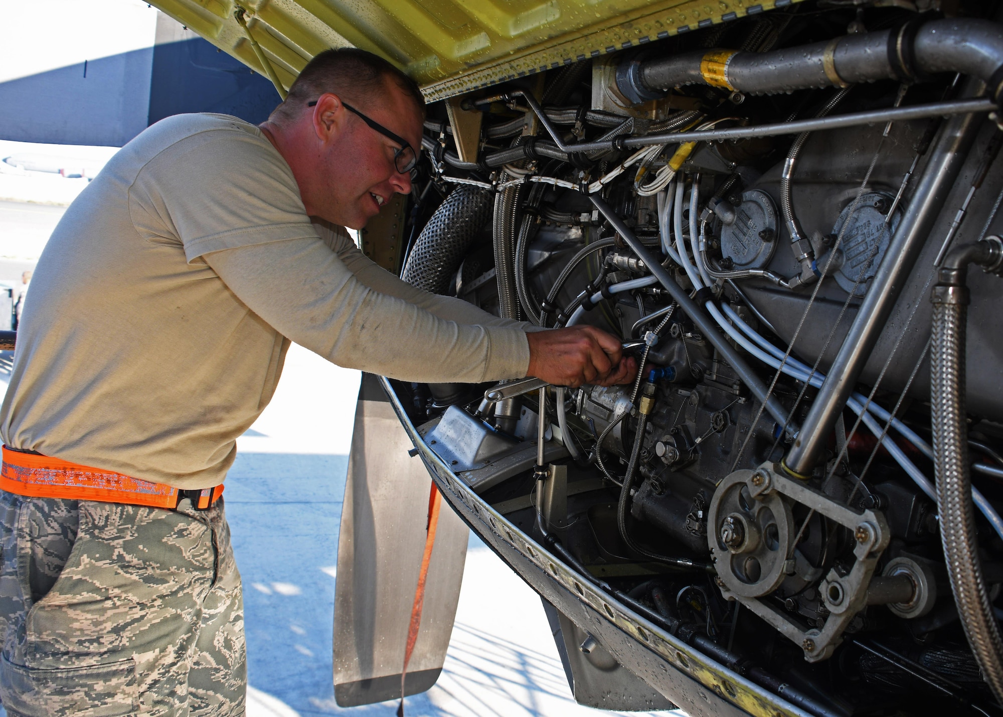 U.S. Air Force Master Sgt. Shawn Froehling, an engine mechanic with the 379th Expeditionary Aircraft Maintenance Squadron, 746th Expeditionary Aircraft Maintenance Unit, conducts a 30-day desert inspection on the engine of a C-130 Hercules at Al Udeid Air Base, Qatar, Dec. 30, 2016. Due to constant exposure to sand from the desert, an inspection is required every 30 days on each C-130 to ensure that there is no buildup of dust or other debris in the engines. (U.S. Air Force photo by Senior Airman Miles Wilson)
