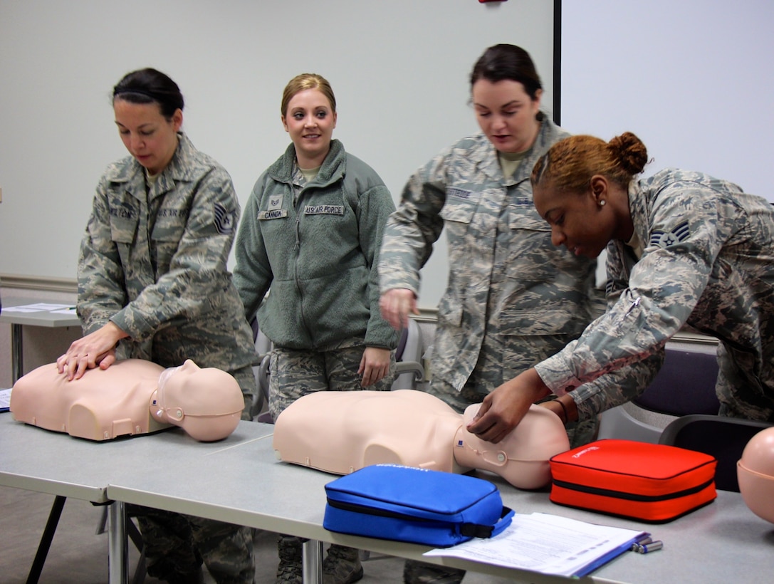 Airmen of the 932nd Airlift Wing helped each other train during Unit Training Assembly.  Basic life saving skills (BLS) were taught during annual Emergency Medical Technician training, inside the 932nd Medical Group.  This included proper procedures for patient assessment and trauma treatment in a special class held January 7, 2017, at Scott Air Force Base, Ill. The 932nd Medical Group is one of four groups under the 932nd Airlift Wing, a 22nd Air Force unit and part of Air Force Reserve Command.(U.S. Air Force photo by Lt. Col. Stan Paregien)
