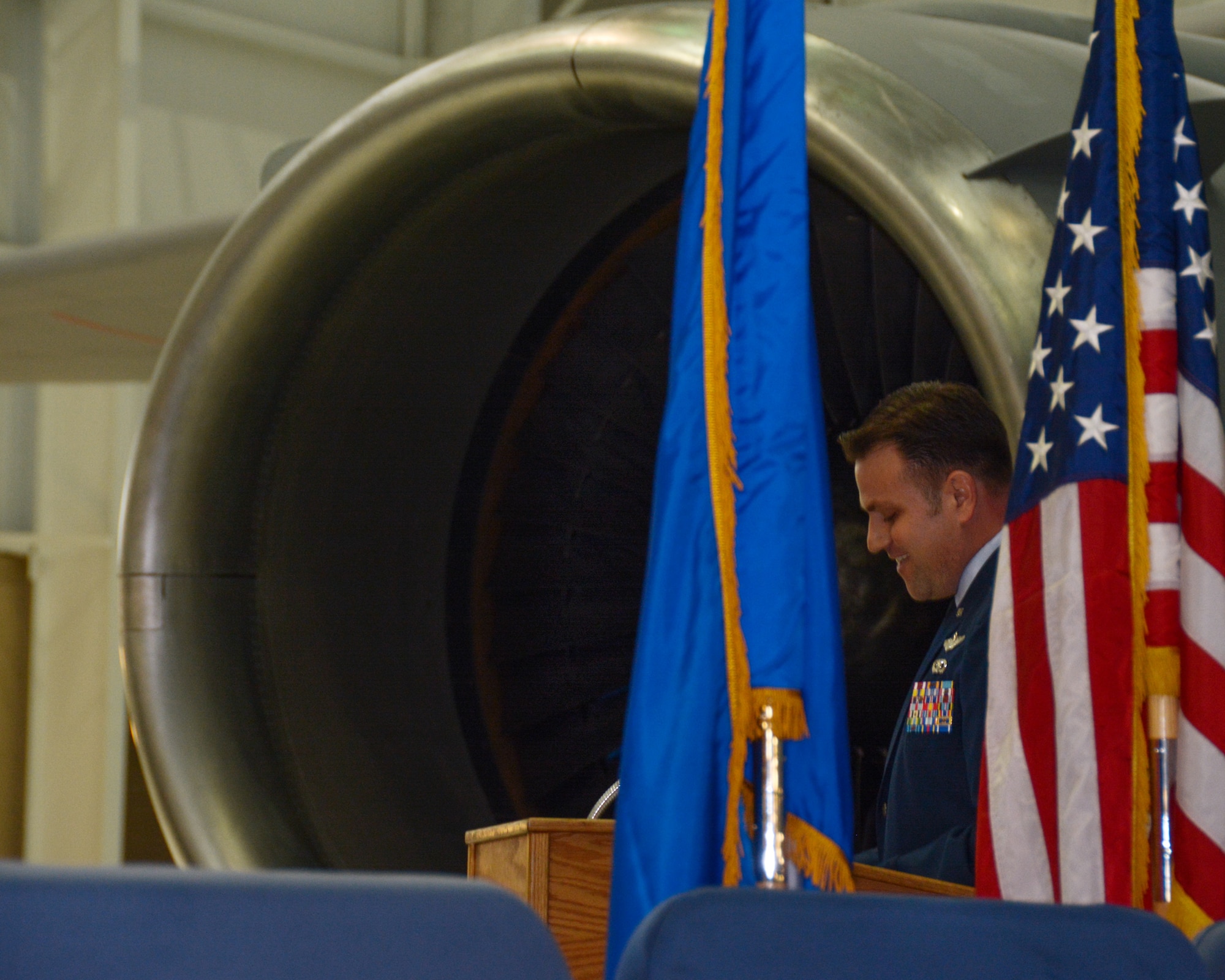 U.S. Air Force Lt. Col. Joseph D. Wall, the new 79th Air Refueling Squadron commander, speaks during a change of command ceremony at Travis Air Force Base, Calif., Jan. 7, 2017.  Wall promised transparency, competence and commitment to excel by leveraging the combined experience and talents of the Citizen Airmen under his charge.  (U.S. Air Force photo by Senior Airman Chris Massey)
