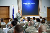 Lt. Col. Trevor Rosenburg, Profession of Arms Center of Excellence course instructor, teaches attendees about efficient communication methods during an Enhancing Human Capital presentation Jan. 6 at the Nellis Air Force Base enlisted club. During each of the six hour courses, attendees worked through group exercises and interacted with the instructor to learn how to elevate themselves as individuals, while improving those around them in the process. (U.S. Air Force photo by Senior Airman Alexandria Slade)