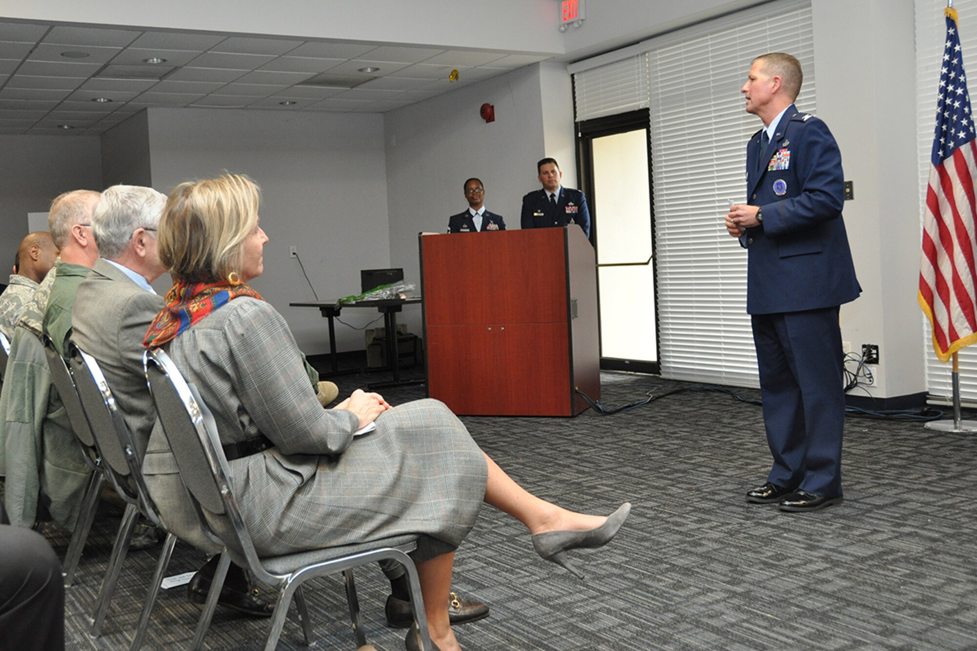 Col. Timothy H. Martz, Air Force Reserve Command Recruiting Service vice commander, and former 94th Security Forces Squadron commander, addresses an audience of distinguished visitors, community leaders, past and present commanders, and military and civilian attendees during his promotion ceremony Jan. 4, 2017 at Verhulst Hall, Dobbins Air Reserve Base, Georgia. (U.S. Air Force photo/James Branch)