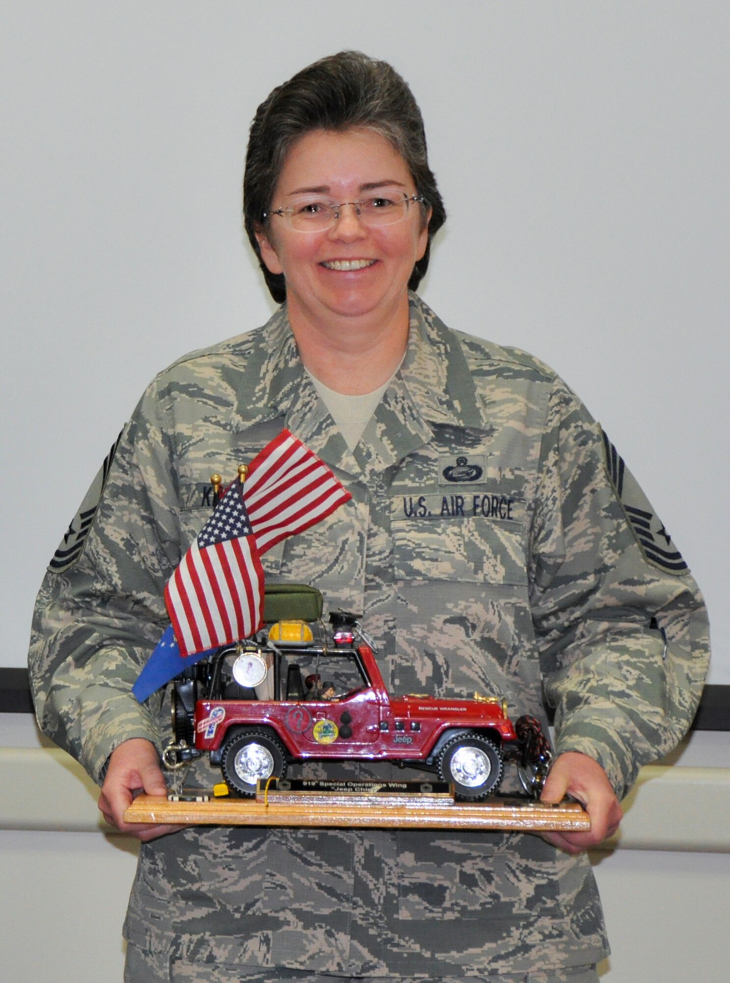 Chief Master Sgt. Laurie Kent became the 919th Special Operations Wing’s newest Jeep Chief during her Chief Induction ceremony Jan. 7 at Duke Field, Fla.  Kent was promoted to chief via the Stripes for Exceptional Performers II program in August.  (U.S. Air Force photo/Lt. Col. James Wilson)