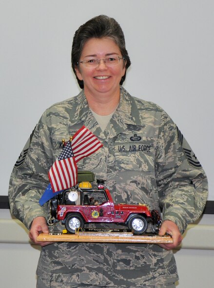 Chief Master Sgt. Laurie Kent became the 919th Special Operations Wing’s newest Jeep Chief during her Chief Induction ceremony Jan. 7 at Duke Field, Fla.  Kent was promoted to chief via the Stripes for Exceptional Performers II program in August.  (U.S. Air Force photo/Lt. Col. James Wilson)