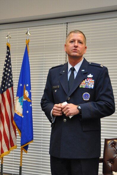 Col. Timothy H. Martz, Air Force Reserve Command Recruiting Service vice commander, and former 94th Security Forces Squadron commander, gives remarks during his promotion ceremony Jan. 4, 2017 at Verhulst Hall, Dobbins Air Reserve Base, Georgia. (U.S. Air Force photo/James Branch)