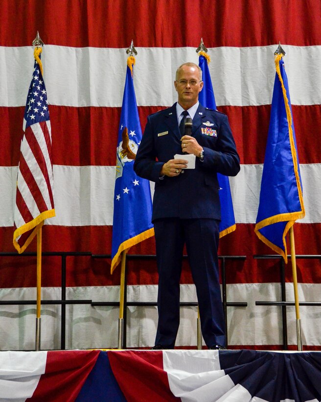Brig. Gen. Steven Parker speaks to members of the audience during his promotion ceremony held at Dobbins Air Reserve Base Jan. 6, 2017. Parker will be the first one-star general to serve as wing commander at Dobbins since 2006.