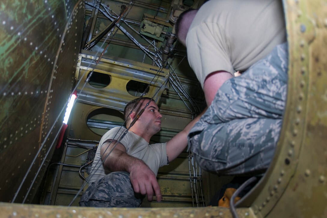 Tech Sgt. Trevor Gray, 434th Maintenance Group repair and reclamation technician, reinstalls a stabilizer trim actuator on Jan. 8, 2017 at Grissom Air Reserve Base, Ind. The stabilizer trim actuator controls the horizontal stabilizer which along with the elevator the pilots use to adjust the pitch, or up and down movement, of the aircraft’s nose. (U.S. Air Force photo/Staff Sgt. Dakota Bergl)