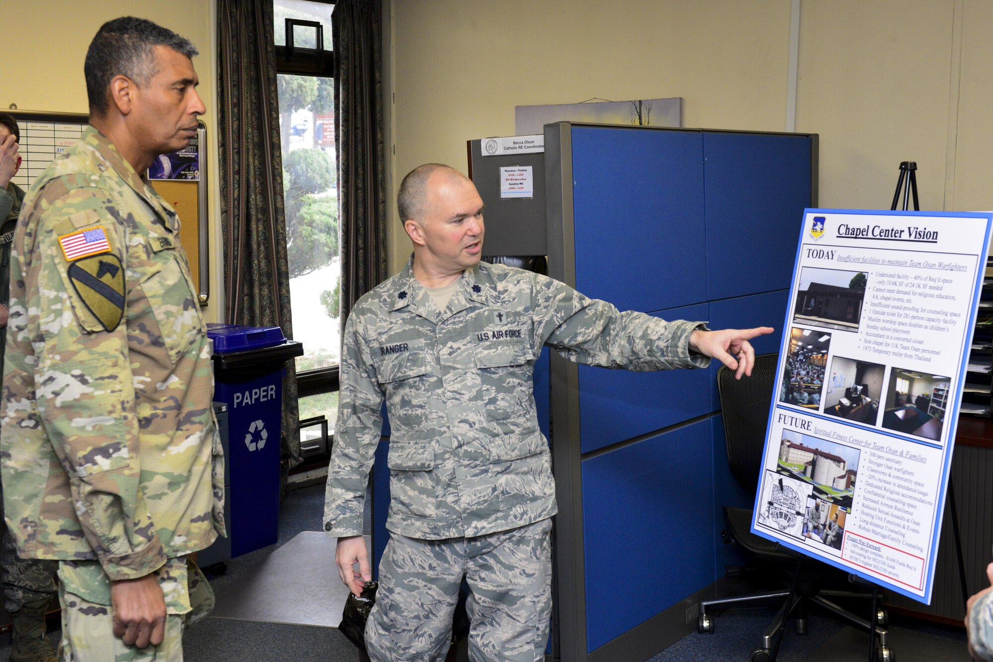 U.S. Air Force Chap. (Lt. Col.) Jeffrey Granger, 51st Fighter Wing wing chaplain, explains the vision for future improvements to the Osan Air Base chapel is to U.S. Army Gen. Vincent K. Brooks, United States Forces Korea commander, Jan. 5, 2017, at Osan Air Base, Republic of Korea. Granger took the audience with Brooks as an opportunity to highlight how the size and scope of Team Osan has increased over the years while the chapel facilities have not yet advanced, and how funding for new chapel facilities will impact the entire base. (U.S. Air Force photo by Senior Airman Victor J. Caputo)