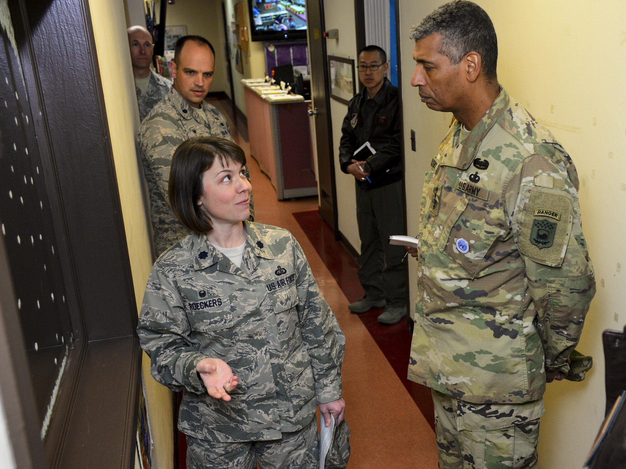 U.S. Air Force Lt. Col. Breanne Roeckers, 51st Force Support Squadron commander, details current features the Osan Child Development Center facilities lack to U.S. Army Gen. Vincent K. Brooks, United States Forces Korea commander, Jan. 5, 2017, at Osan Air Base, Republic of Korea. Osan Air Base leadership is currently developing a vision for new CDC facilities to improve quality of life for Osan families, to include resolving problems such as classrooms not being large enough and adding private breast-feeding rooms. (U.S. Air Force photo by Senior Airman Victor J. Caputo)