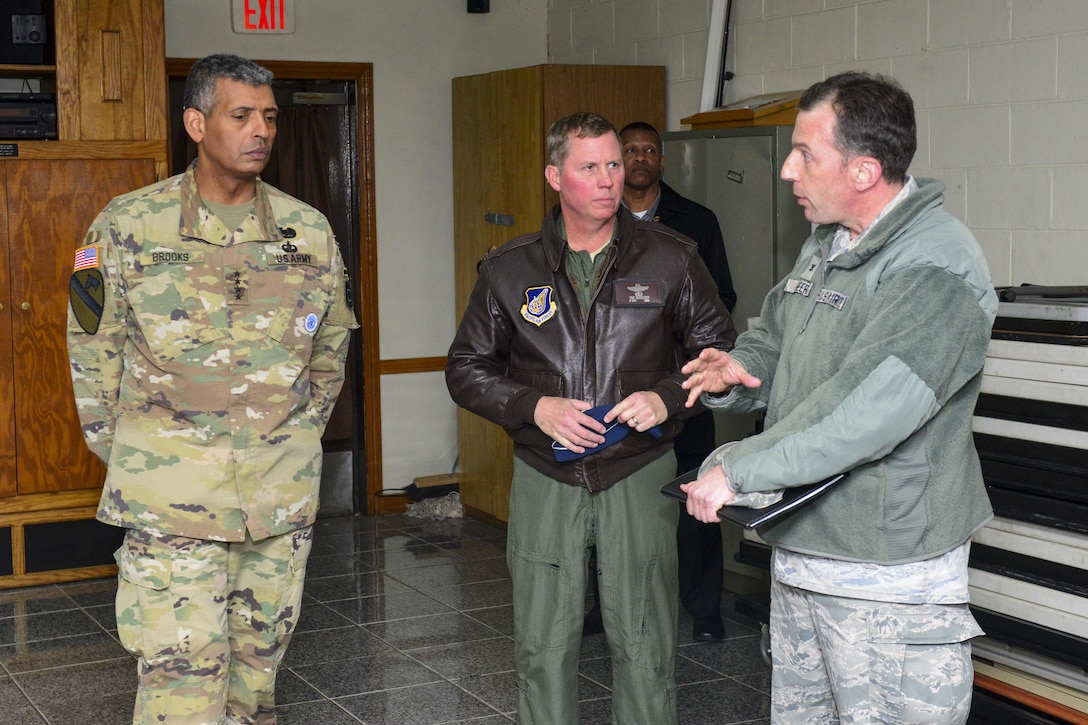 U.S. Air Force Col. Michael Geer, right, 7th Air Force director of engineering, speaks to Army U.S. Gen. Vincent K. Brooks, United States Forces Korea commander, and U.S. Air Force Lt. Gen. Thomas Bergeson, 7th AF commander, about the requirements to fund new and updated chapel facilities at Osan Air Base, Republic of Korea, Jan. 5, 2017. The Osan chapel is one of the oldest and most outdated in the Air FoTeam Osan’s population has grown significantly over the years, driving efforts to obtain funding to build new facilities for thousands of members of Team Osan. (U.S. Air Force photo by Senior Airman Victor J. Caputo)