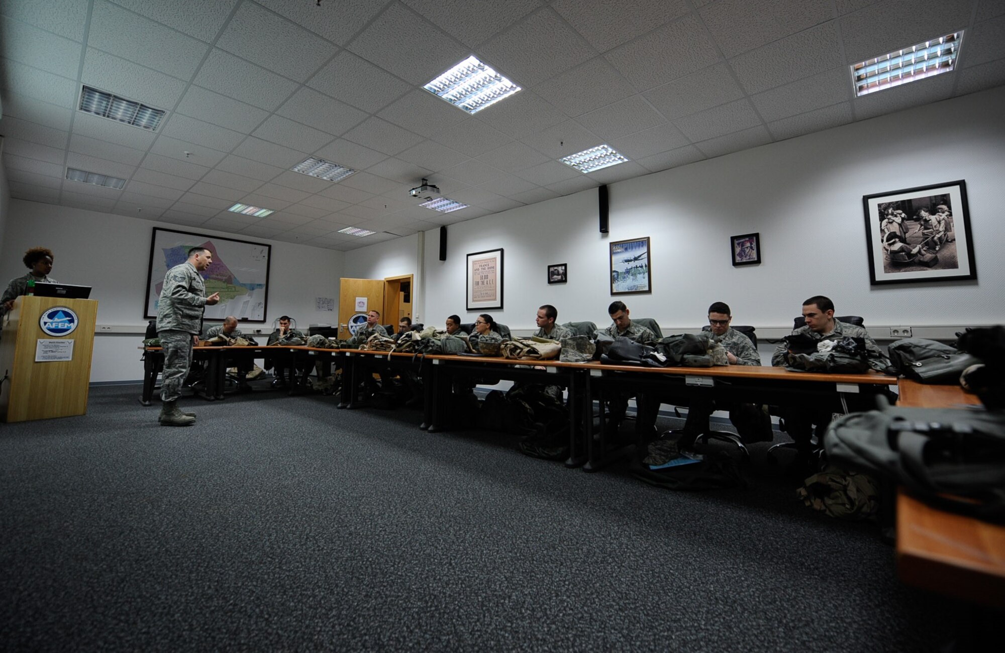 Tech. Sgt. Michael Osburn, 786th Civil Engineer Squadron emergency management plans NCO in charge, instructs a chemical, biological, radiological, or nuclear defense course at Ramstein Air Base, Germany, Jan. 3, 2017. CBRN defense consists of contamination avoidance, CBRN mitigation, and CBRN passive protection. (U.S. Air Force photo by Airman 1st Class Savannah L. Waters)