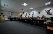 Tech. Sgt. Michael Osburn, 786th Civil Engineer Squadron emergency management plans NCO in charge, instructs a chemical, biological, radiological, or nuclear defense course at Ramstein Air Base, Germany, Jan. 3, 2017. CBRN defense consists of contamination avoidance, CBRN mitigation, and CBRN passive protection. (U.S. Air Force photo by Airman 1st Class Savannah L. Waters)