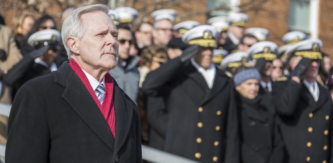 The Honorable Raymond E. Mabus, secretary of the Navy, stands during his farewell parade at Marine Barracks Washington, Washington, D.C., Jan. 6, 2017. Mabus was the longest serving Secretary of the Navy since World War I. 