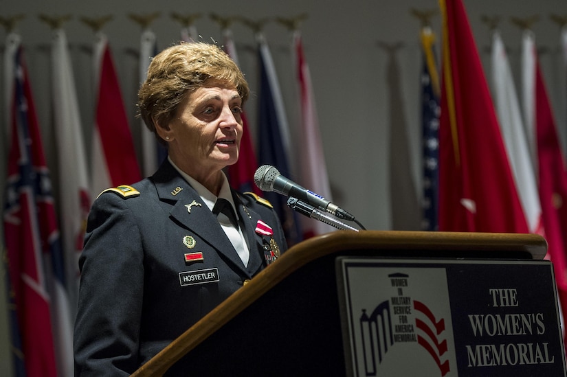 Chief Warrant Officer 5 Mary Alice Hostetler gives her remarks during her retirement ceremony held at the Women's Military Memorial on Jan. 7 in Arlington, Virginia. Hostetler enlisted into the Army in July 1976 and was promoted to CW5 in April 2013 as the Command Chief Warrant Officer of the 200th Military Police Command. Hostetler served more than 40 years in the United States Army. Hostetler accomplished many milestones, from being the first female in a military police company, the first female to provide protective services in a combat zone, to leading a team in charge of protecting the Secretary of Defense. Hostetler says of all the things she's done in her career, the best thing she's ever done was wear the Army uniform. (Army Reserve Photo By: Sgt. 1st Class Sun Vega)