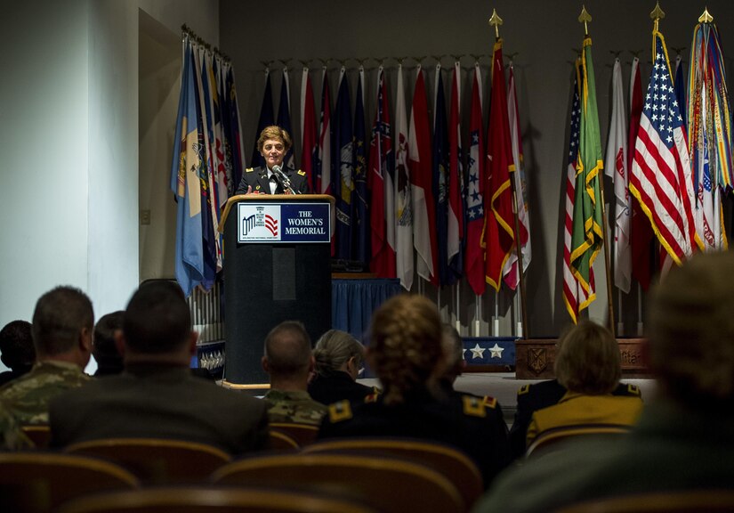 Chief Warrant Officer 5 Mary Alice Hostetler gives her remarks during her retirement ceremony held at the Women's Military Memorial on Jan. 7 in Arlington, Virginia. Hostetler enlisted into the Army in July 1976 and was promoted to CW5 in April 2013 as the Command Chief Warrant Officer of the 200th Military Police Command. Hostetler served more than 40 years in the United States Army. Hostetler accomplished many milestones, from being the first female in a military police company, the first female to provide protective services in a combat zone, to leading a team in charge of protecting the Secretary of Defense. Hostetler says of all the things she's done in her career, the best thing she's ever done was wear the Army uniform. (Army Reserve Photo By: Sgt. 1st Class Sun Vega)