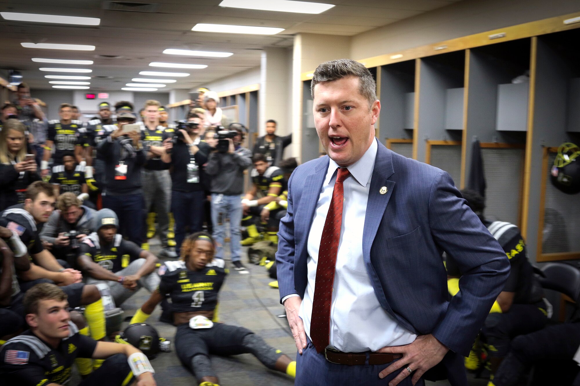 Patrick J. Murphy, Under Secretary of the U.S. Army, gives a pre-game pep talk to high-school football players representing the East team in the 2017 U.S. Army All-American Bowl in the Alamodome Jan. 7.  For 17 years, the U.S. Army All-American Bowl has been the nation’s premier high school football game, serving as the preeminent launching pad for America’s future college and NFL stars.