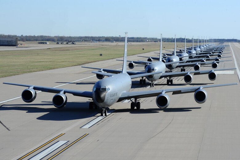 Fourteen KC-135 Stratotankers line up during a simulated alert call March 24, 2016, at McConnell Air Force Base, Kan. Known as the “elephant walk,” the alert call was part of an exercise, which displayed the rapid mobility capabilities and teamwork of the men and women at McConnell AFB to take flight within minutes of being notified of a mission. (U.S. Air Force photos/Airman 1st Class Christopher Thornbury)