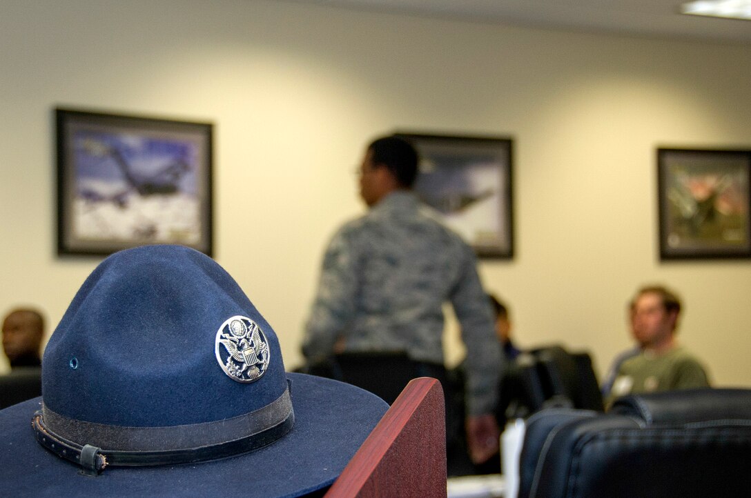 SCHRIEVER AIR FORCE BASE, Colo. -- Former Military Training Instructor, Staff Sgt. Matthew Coleman-Foster, speaks to Delayed Entry Program trainees about drill and ceremony Saturday, Jan. 7th, 2017. Staff Sgt. Coleman-Foster assisted in teaching the DEP trainees important techniques that they will utilize in Basic Military Training. (U.S. Air Force photo/Staff Sgt. Christopher Moore)