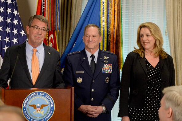 Defense Secretary Ash Carter briefs the official announcement of Air Force Vice Chief of Staff Gen. David Goldfein, who was nominated to become the 21st Air Force chief of staff, at the Pentagon, April 29, 2016. Air Force Secretary Deborah Lee James also attended the ceremony. (U.S. Air Force photo/Scott M. Ash)