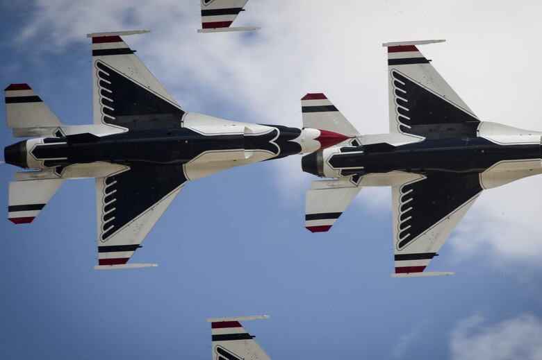 The U.S. Air Force Thunderbirds perform an aerial demonstration during the Cannon Air Show May 28, 2016, at Cannon Air Force Base, N.M. The air show highlights the unique capabilities and qualities of Cannon’s air commandos and also celebrates the long-standing relationship between the 27th Special Operations Wing and the local community. (U.S. Air Force photo/Tech. Sgt. Manuel J. Martinez)