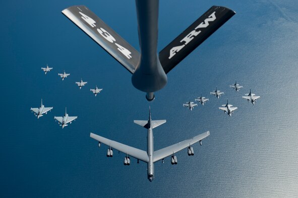 A U.S. Air Force B-52 Stratofortress leads a formation of aircraft, including two Polish air force F-16 Fighting Falcons, four U.S. Air Force F-16 Fighting Falcons, two German Eurofighter Typhoons and four Swedish Gripens over the Baltic Sea, June 9, 2016. The formation was part of exercise BALTOPS 2016. (U.S. Air Force photo/Senior Airman Erin Babis)