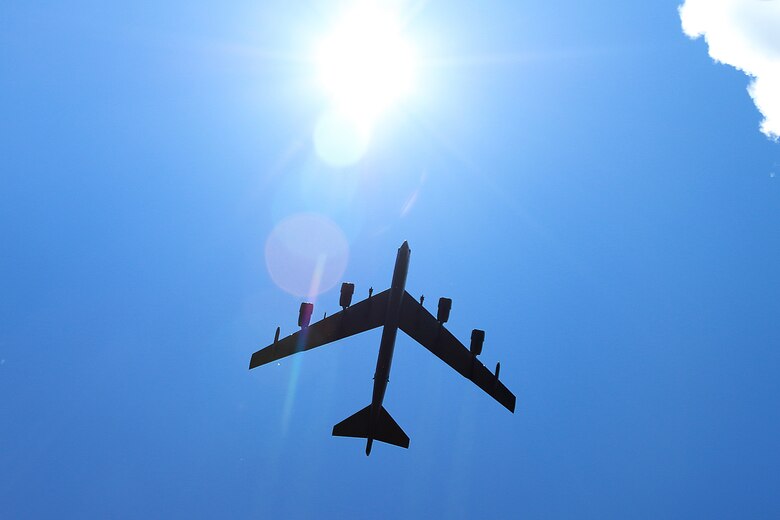 A B-52 Stratofortress flies overhead of a combined arms live fire demonstration for distinguished visitors during Saber Strike 16, June 13, at Adazi Military Base, Latvia. Saber Strike is a cooperative training exercise led by U.S. Army Europe spanning from May 27 through June 22, in locations throughout Estonia, Latvia and Lithuania, featuring 13 participating nations. (U.S. Army photo/Sgt. Paige Behringer, 10th Press Camp Headquarters)