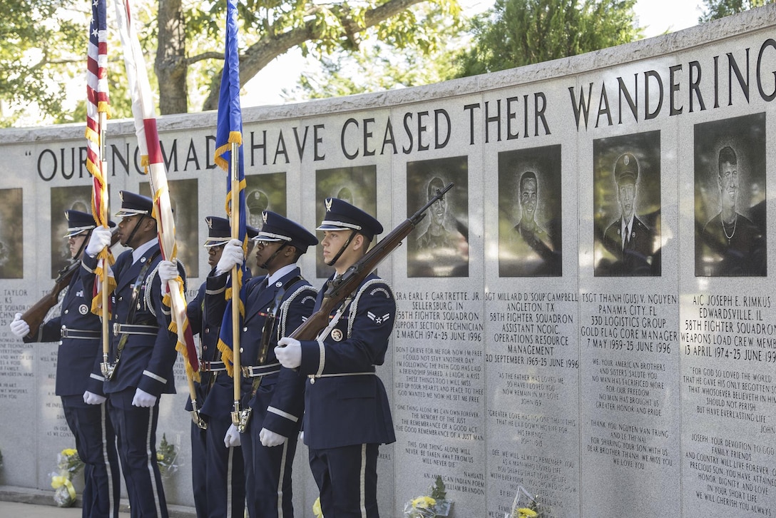The Eglin Air Force Base Honor Guard presents the colors at the Khobar Towers Memorial Ceremony on Eglin Air Force Base, Fla., June 24, 2016. The ceremony marked the 20th anniversary of the Khobar Towers terrorist attack, and honored the 19 Airmen who lost their lives and paid tribute to the families and survivors. (U.S. Air Force photo/Senior Airman Stormy Archer)