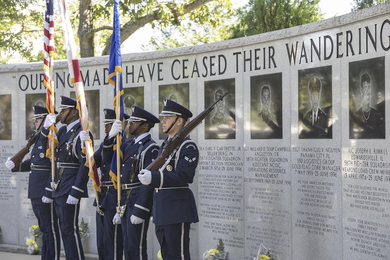 The Eglin Air Force Base Honor Guard presents the colors at the Khobar Towers Memorial Ceremony on Eglin Air Force Base, Fla., June 24, 2016. The ceremony marked the 20th anniversary of the Khobar Towers terrorist attack, and honored the 19 Airmen who lost their lives and paid tribute to the families and survivors. (U.S. Air Force photo/Senior Airman Stormy Archer)