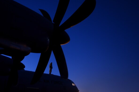 Senior Airman Jon Huggins, a 19th Aircraft Maintenance Squadron crew chief, performs a pre-flight inspection on a C-130J Super Hercules at Little Rock Air Force Base, Ark., Nov. 16, 2016. The C-130 Hercules primarily performs the tactical portion of the airlift mission. The aircraft is capable of operating from rough, dirt strips and is the prime transport for airdropping troops and equipment into hostile areas. (U.S. Air Force photo/Staff Sgt. Kenny Holston)