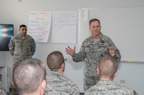 Air Force Vice Chief of Staff Gen. David L. Goldfein speaks to Airmen in Airman’s Week at the 326th Training Squadron during a tour of the 37th Training Wing, the largest training wing in the Air Force, Friday at Joint Base San Antonio-Lackland. Goldfein spoke to the Airmen about maintaining a commitment to their core values throughout their careers after sitting in a session entitled “What Now Airman,” designed to encourage Airmen to discuss how they would react to adverse situations they may encounter during their military service.