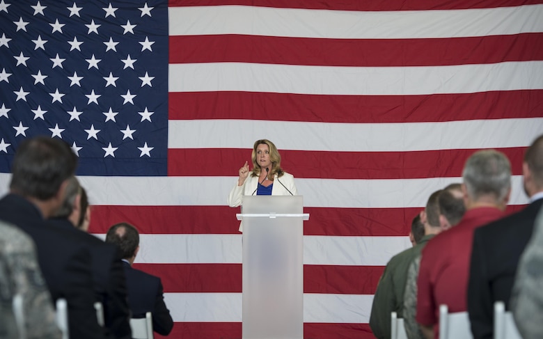 Air Force Secretary Deborah Lee James speaks during the F-35A Lightning II initial operational capability ceremony Aug. 5, 2016, at Hill Air Force Base, Utah. (U.S. Air Force photo/Staff Sgt. Andrew Lee)