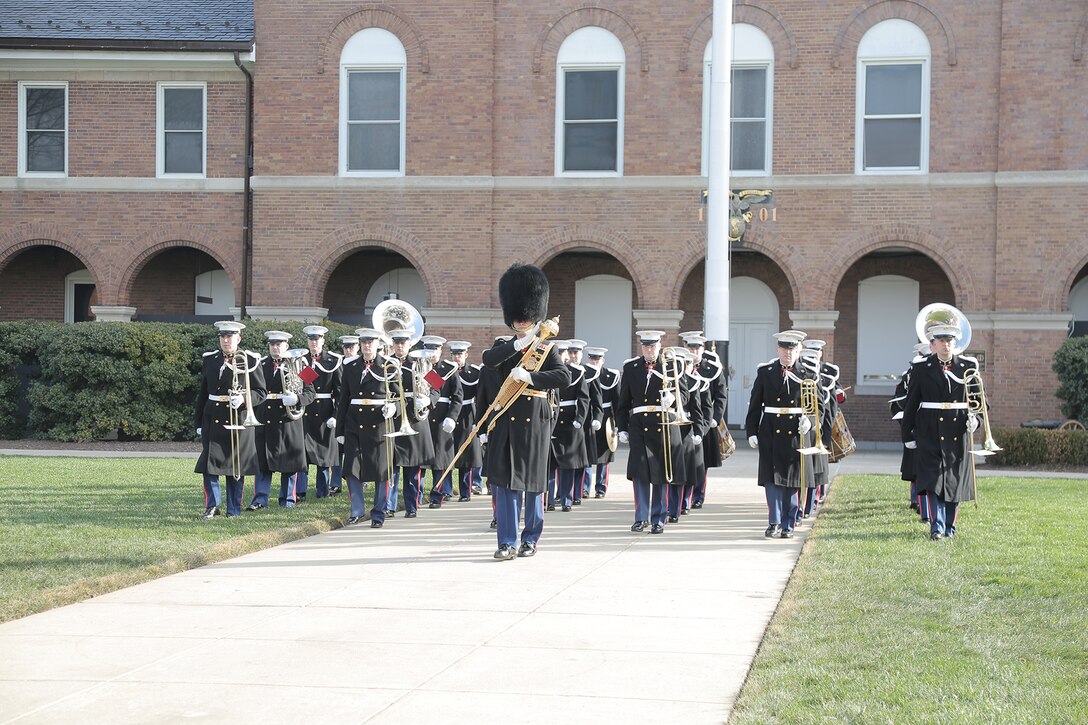 On Jan. 6, 2017 at Marine Barracks Washington, DC, the Marine Band performed for a farewell ceremony in honor of Ray Mabus, the 75th United States Secretary of the Navy and the longest to serve as leader of the Navy and Marine Corps since World War I. (U.S. Marine Corps photo by Master Sgt. Kristin duBois/released)
