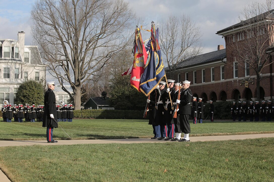 On Jan. 6, 2017 at Marine Barracks Washington, DC, the Marine Band performed for a farewell ceremony in honor of Ray Mabus, the 75th United States Secretary of the Navy and the longest to serve as leader of the Navy and Marine Corps since World War I. (U.S. Marine Corps photo by Master Sgt. Kristin duBois/released)
