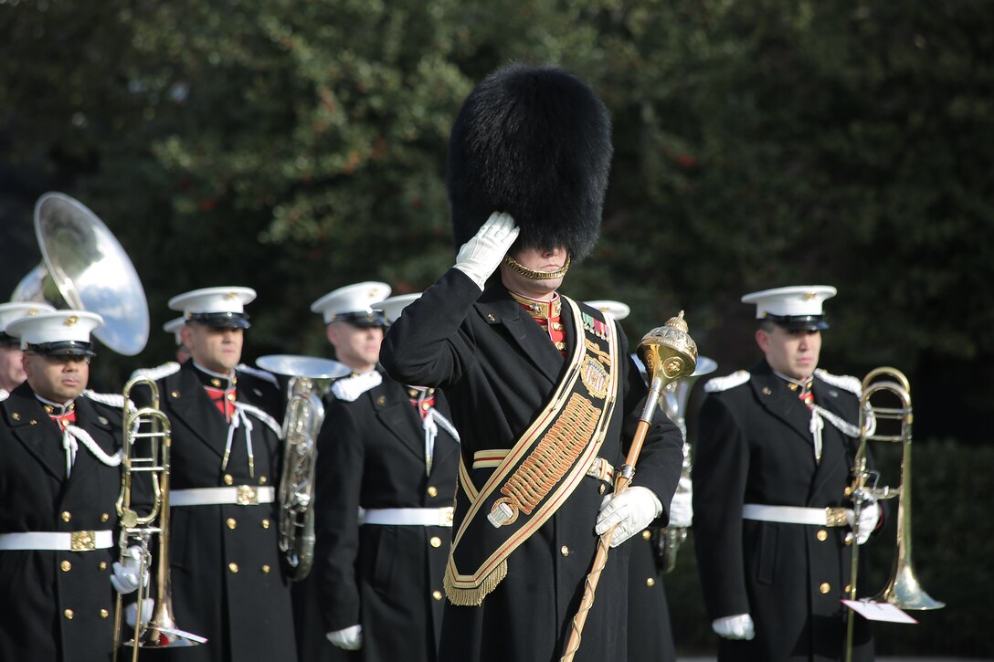 On Jan. 6, 2017 at Marine Barracks Washington, DC, the Marine Band performed for a farewell ceremony in honor of Ray Mabus, the 75th United States Secretary of the Navy and the longest to serve as leader of the Navy and Marine Corps since World War I. (U.S. Marine Corps photo by Master Sgt. Kristin duBois/released)
